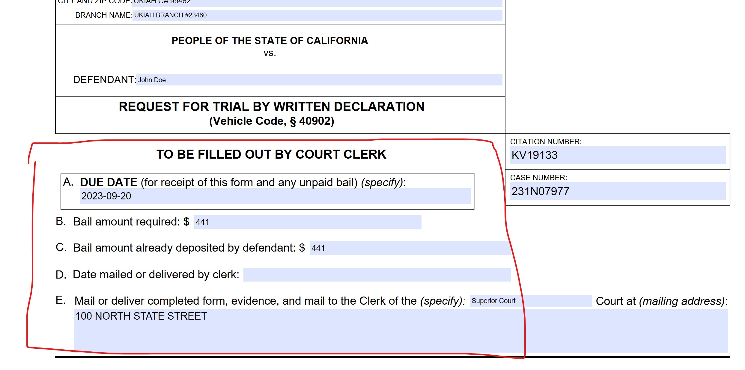 Here is an example of a TR-205 form with pre-filled sections by the defendant