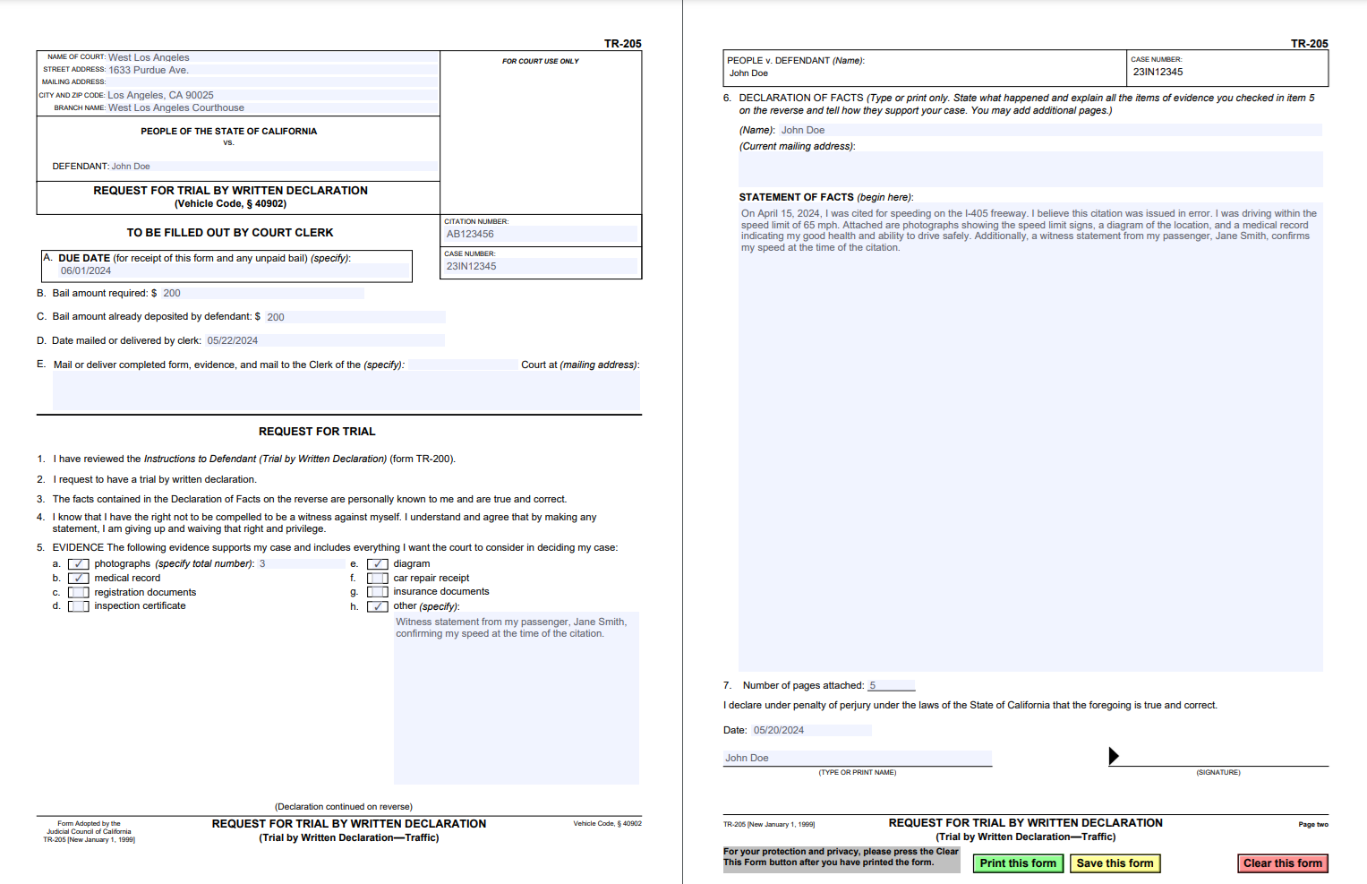 Screenshot of the сompleted TR-205 Form