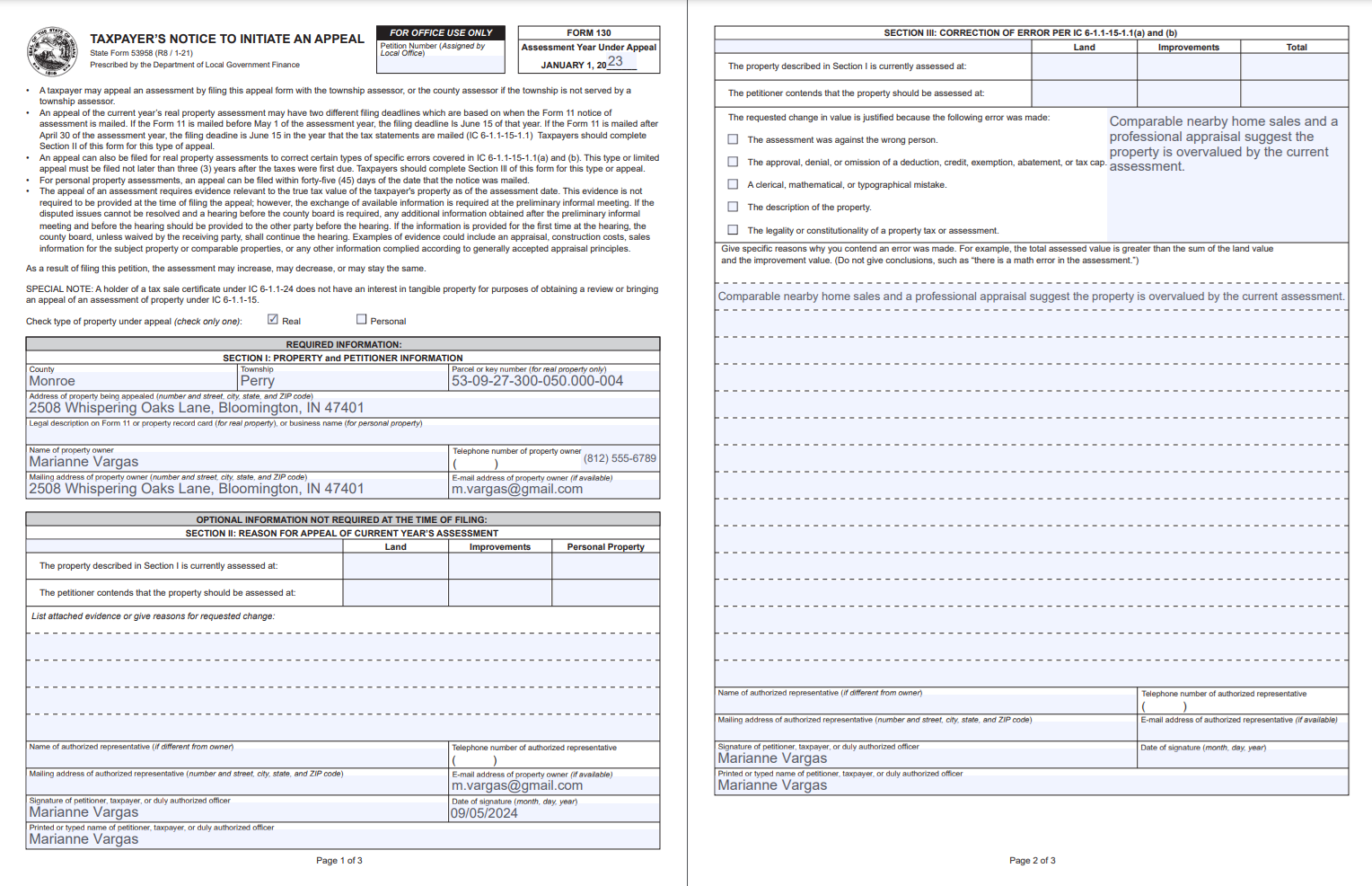 Screenshot of completed Form 130