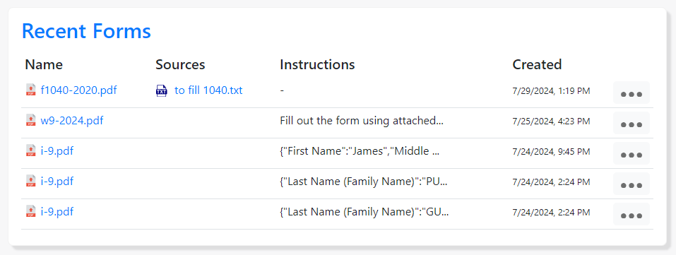 Recent Forms Section